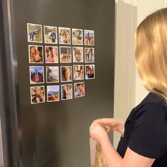 square Photo magnets placed on fridge door