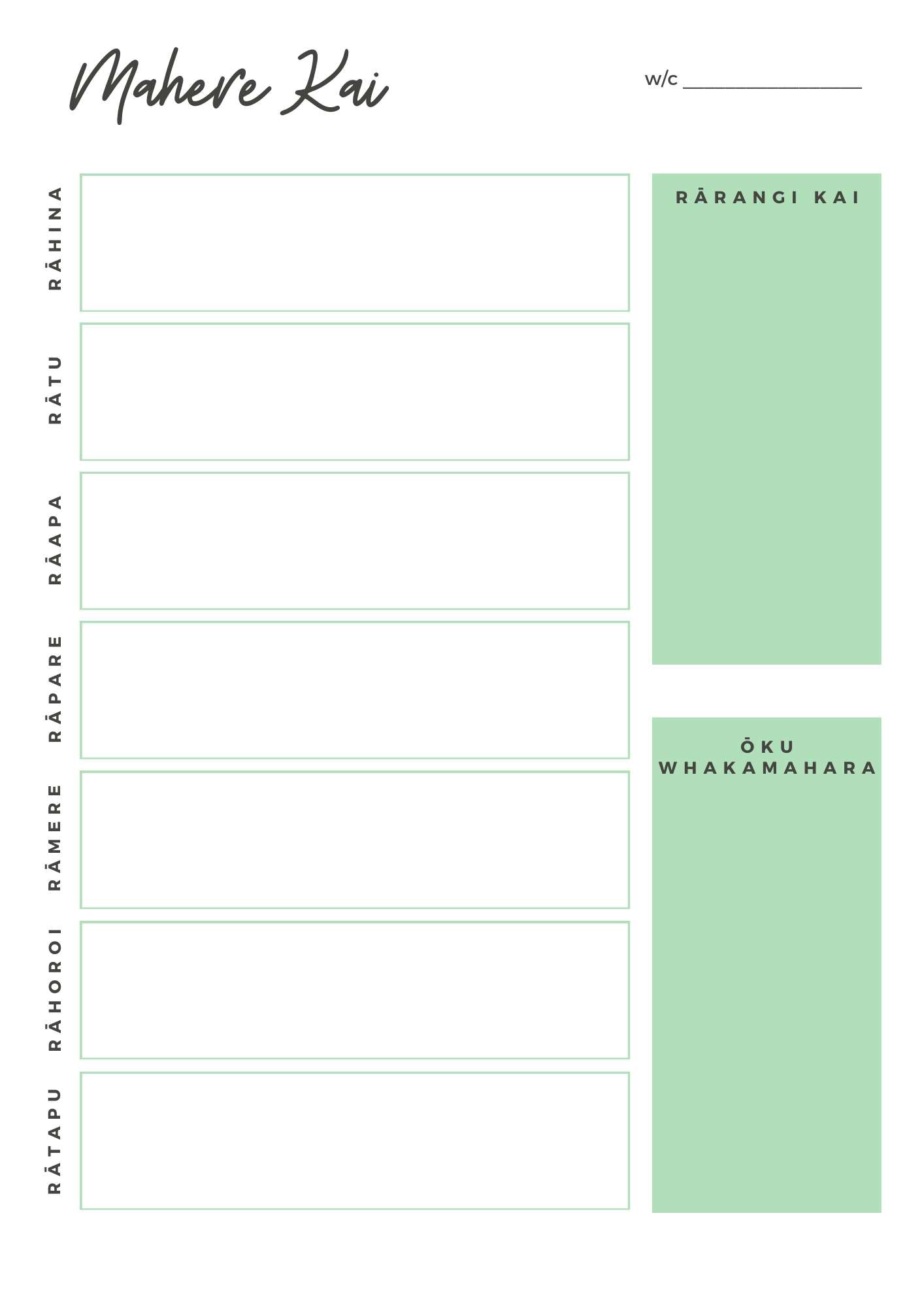 Te reo meal planner green
