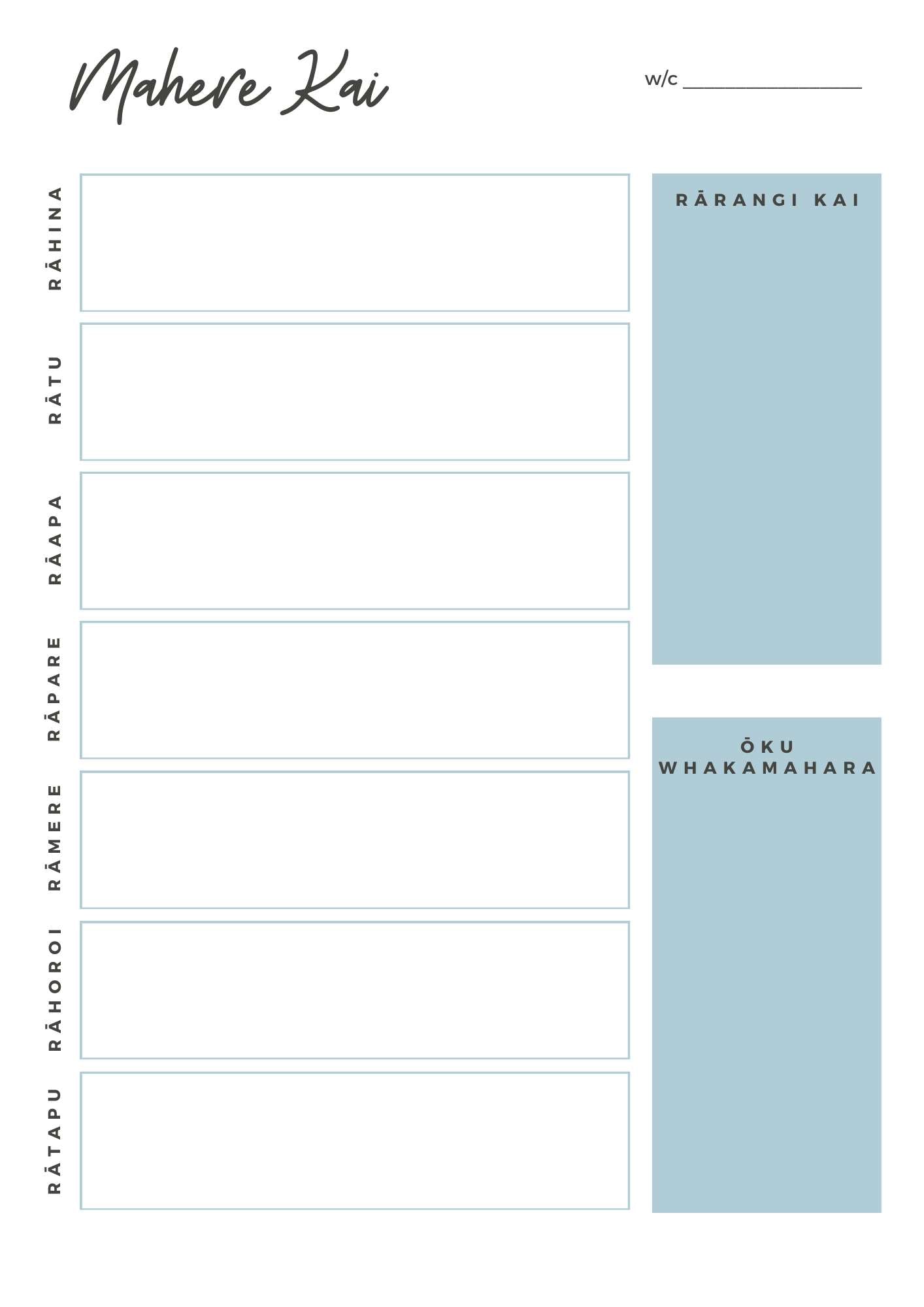 Te reo meal planner blue