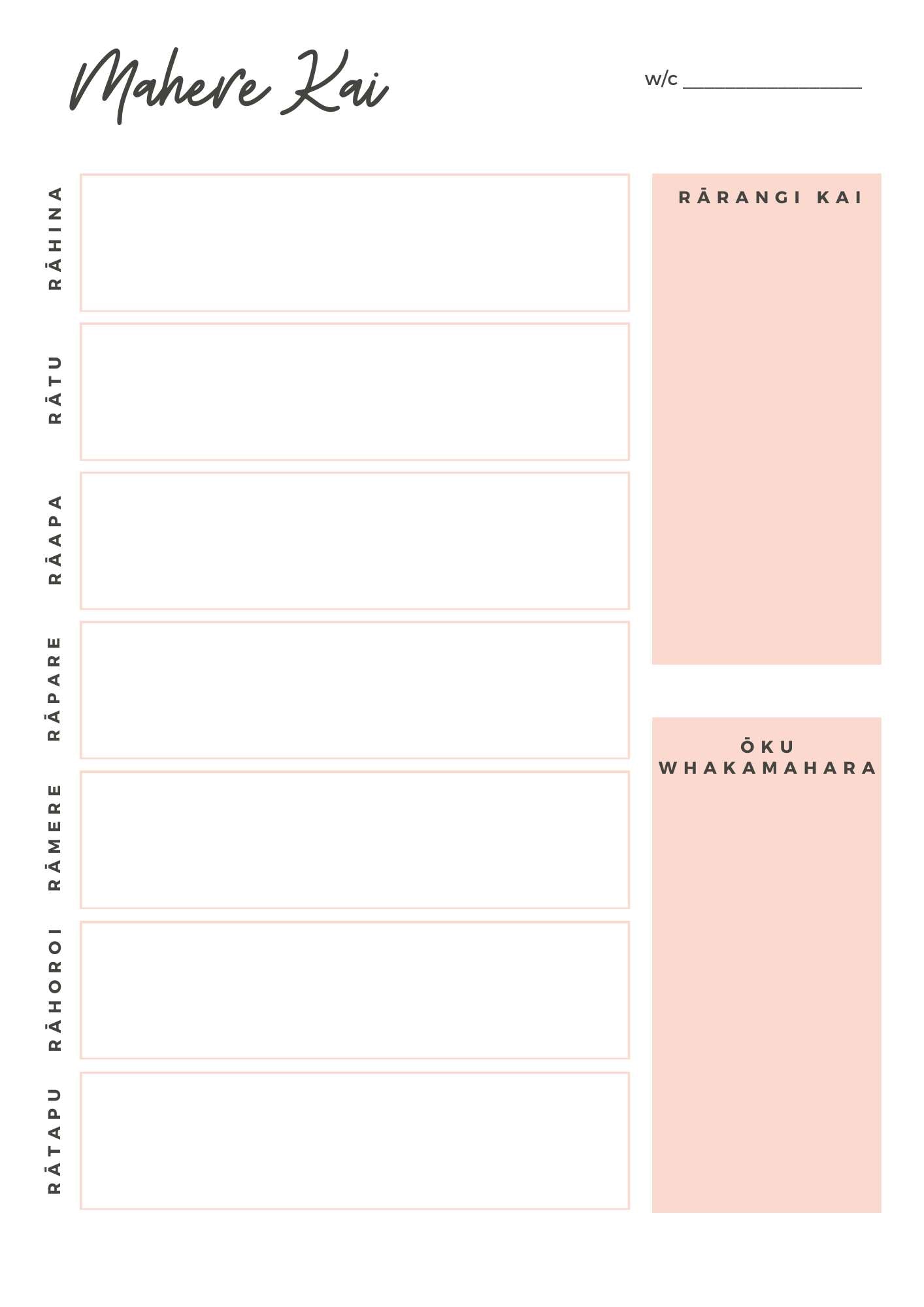 Te reo meal planner pink