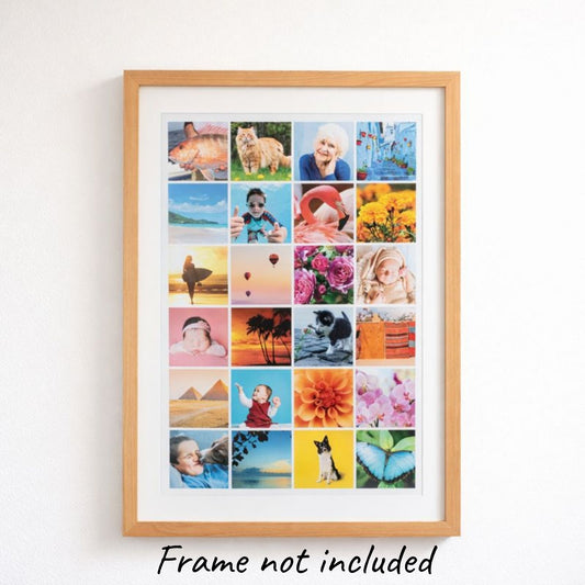 Framed collage of various photos with a wooden frame on a white background