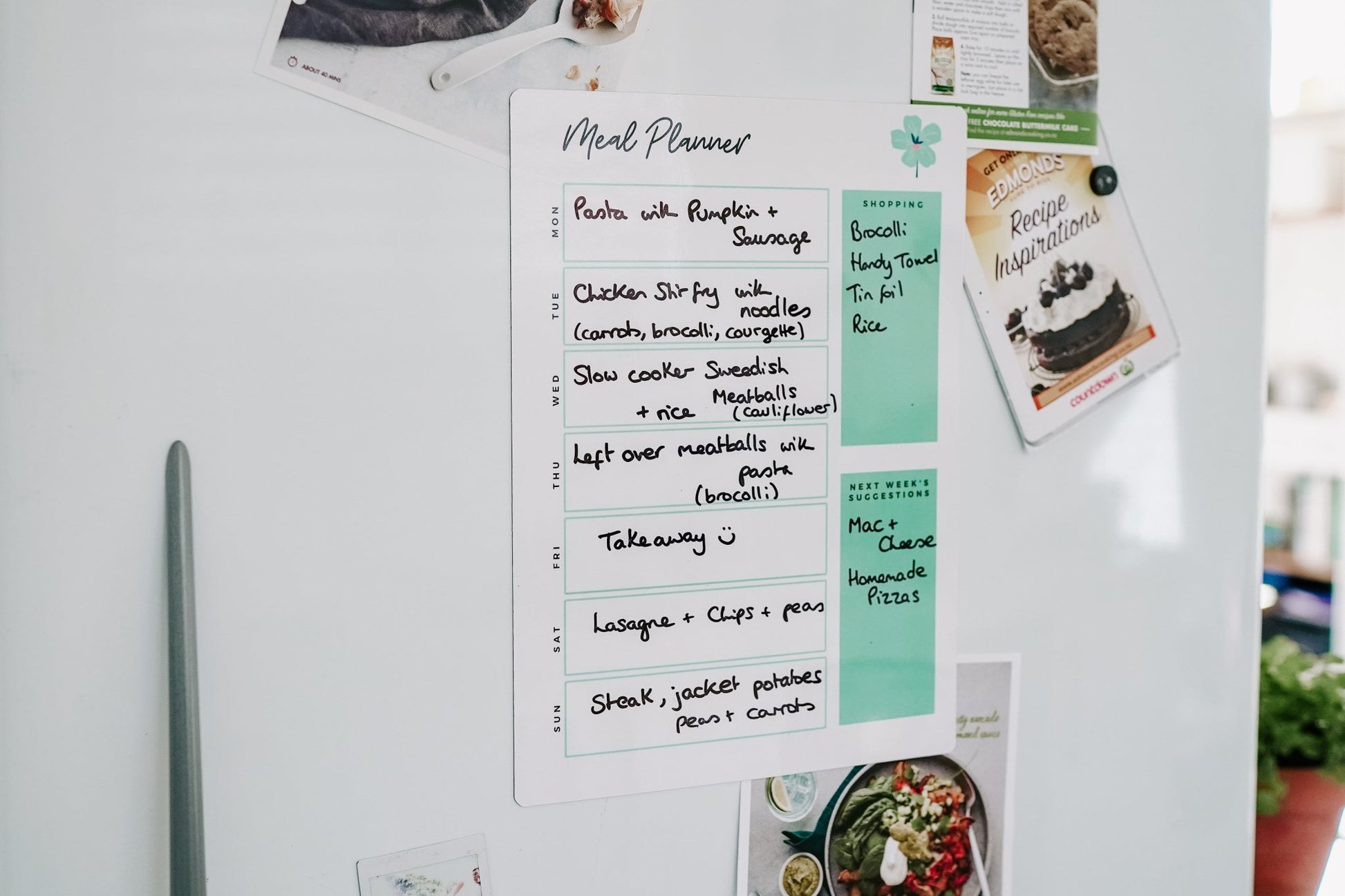 magnetic meal planner green on fridge